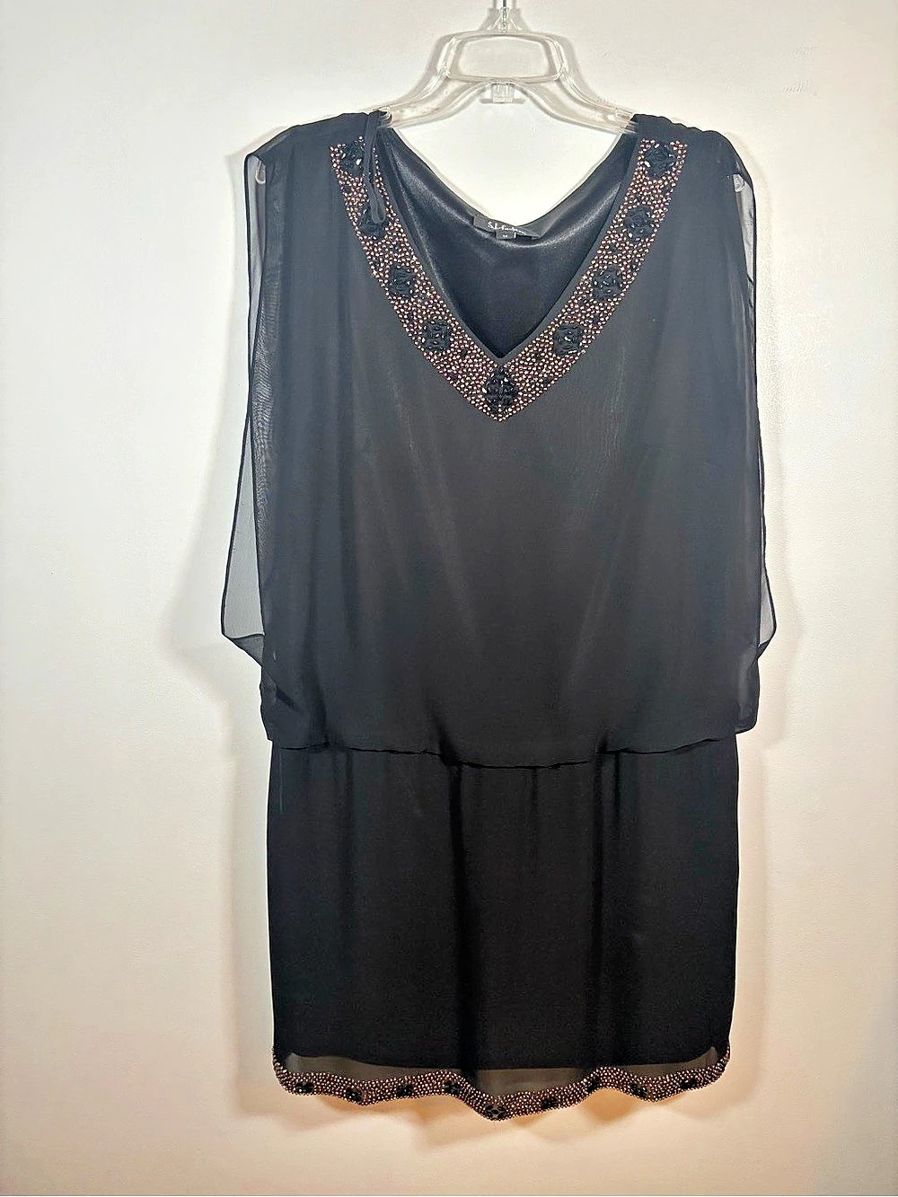 S.L. Fashions Black Beaded Chiffon Cape Overlay Cocktail Dress Size 14